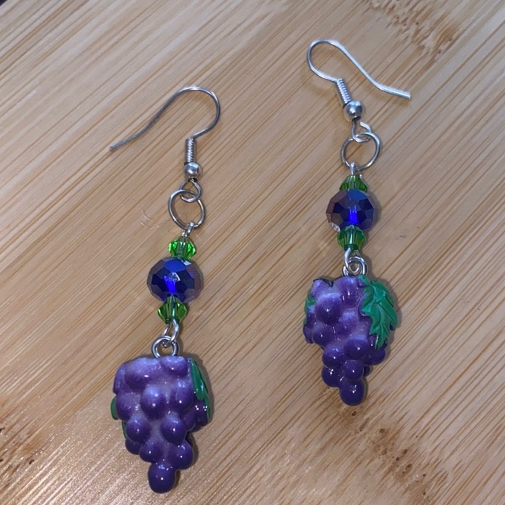 Purple Grape Earrings with Green Accents